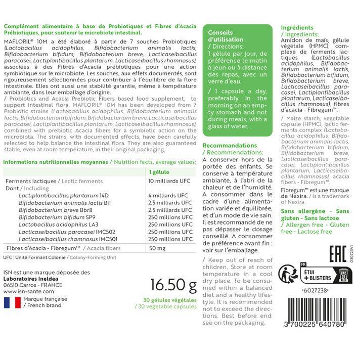 ISN - Mafloril 10M - Complément Alimentaire - 7 Souches Probiotiques + Fibres Prébiotiques - Soutien Du Microbiote Intestinal - Cure