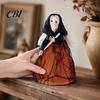Layered Fabric Witch Figure Halloween Kitchen Doll, Small Statue with Broom, Handmade Ornament Tabletop Party Decoration for Table Fireplace