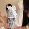 Bow Veil Hair Clip Beads White Bridal Tulle Elegant Girls Head Gauze  Hair Accessories