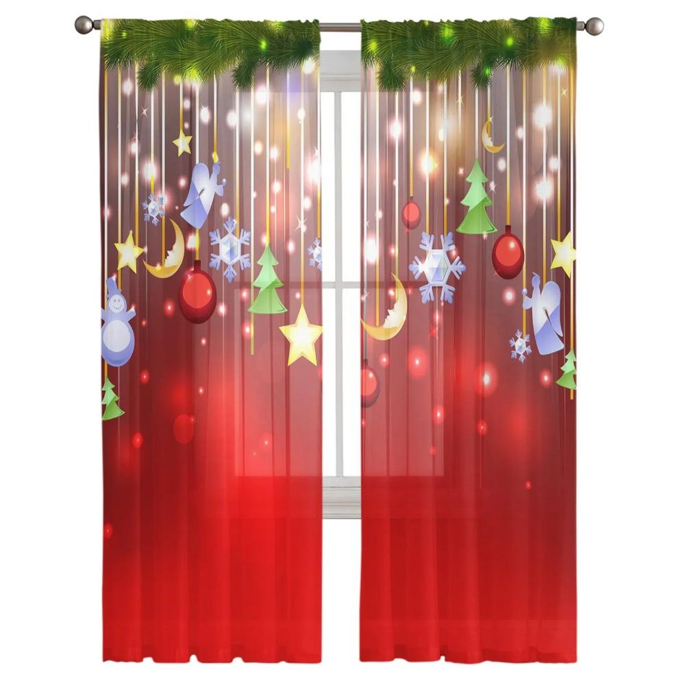 Christmas Balls Stars Snowflakes Chiffon Sheer Drapes for Living Room Bedroom Decoration Window S Curtain Curtain Panels