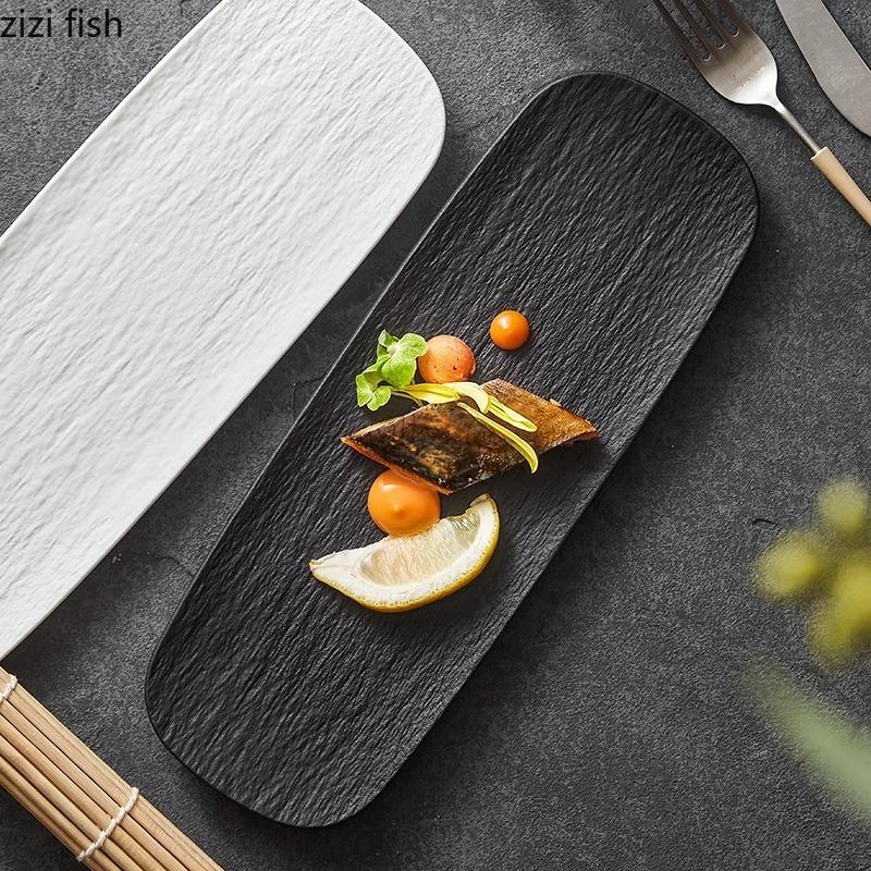 Assiette à longues bandes en céramique givrée à motifs de pierre, plat à sushi créatif, plat à dim sum, plat à sashimi, vaisselle de cuisine moléculaire d'hôtel