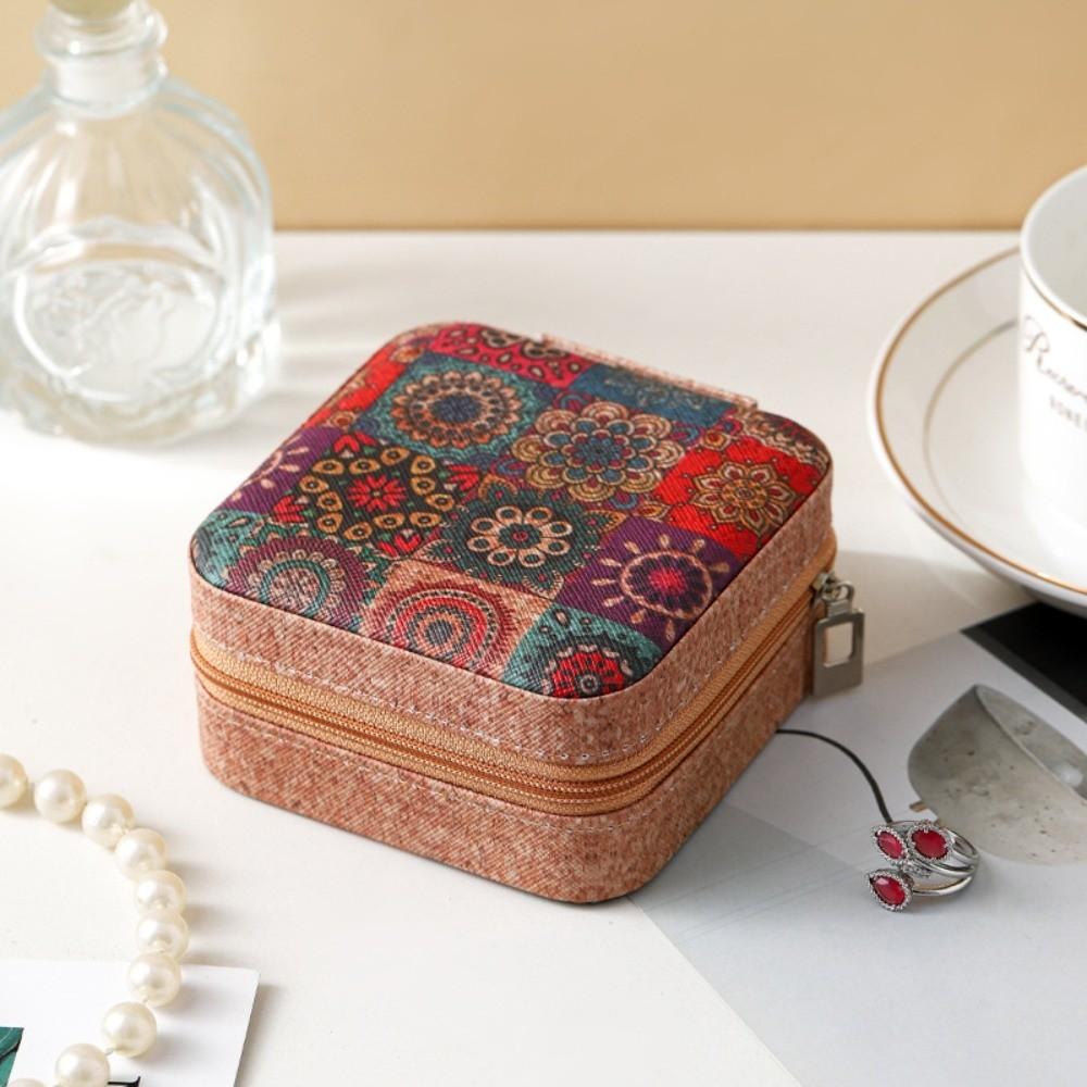 

Printed Travel Jewelry Box Advanced Retro Rings Case Portable Necklaces Storage Box Daily Use Style D