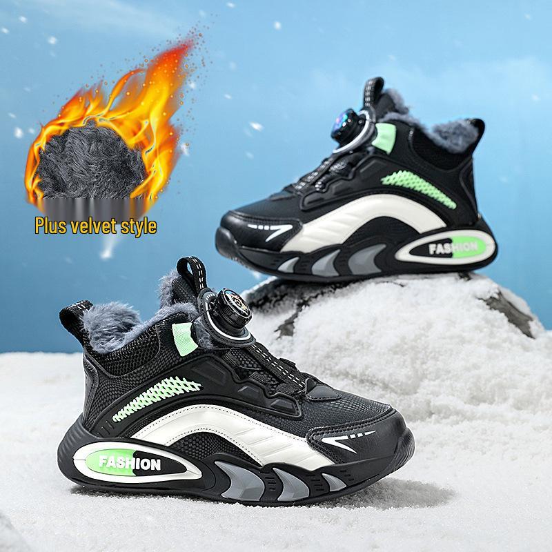 Boys' Fleece-Lined Waterproof Winter Sports Shoes - New 2025 Style, Lightweight, Non-Slip, Leather Running Shoes