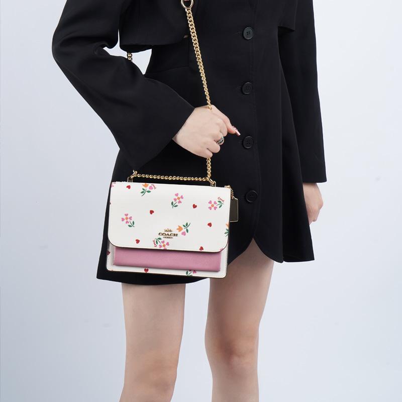 Coach Klare 22 Heart Flower Print Flap Chain Coated Canvas And Leather Accordion Shoulder Crossbody Bag Small Women Bags Pink White C7596-IMCAH