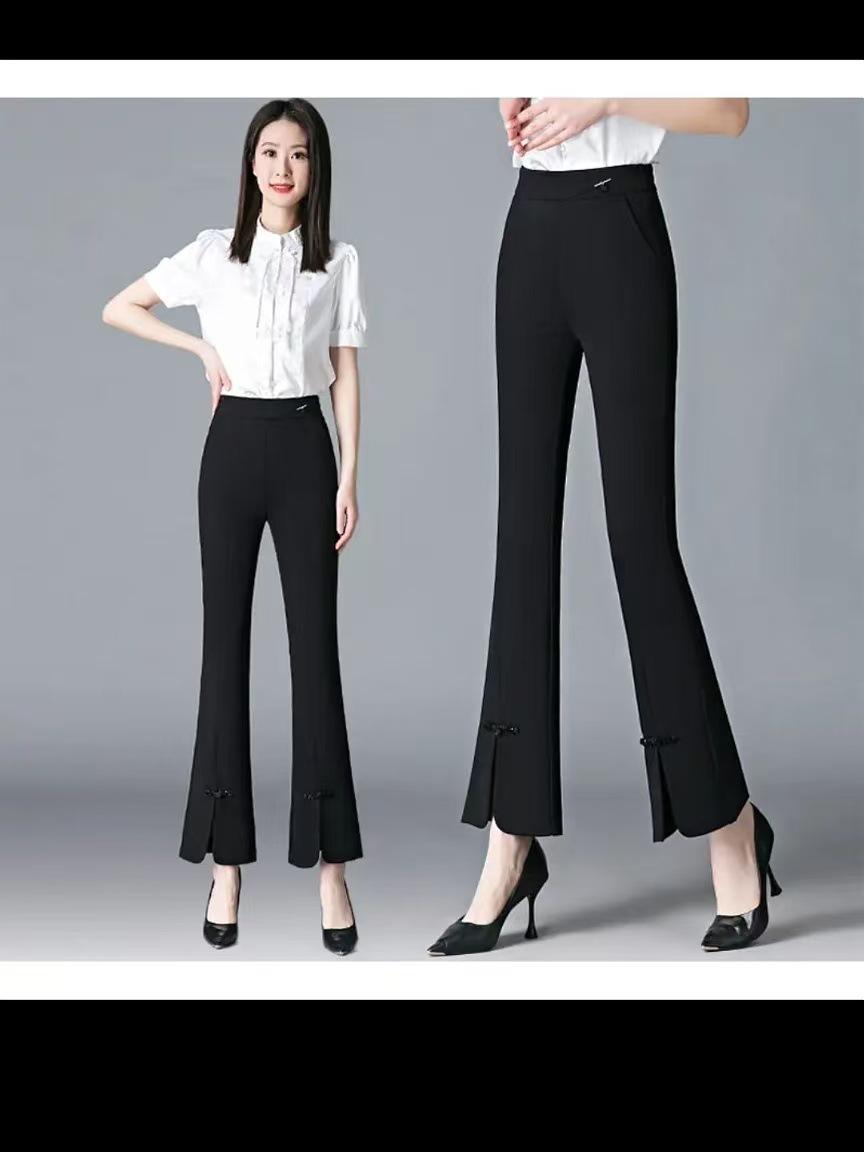 

Women s Chinese-Style Micro Flare Trousers: High Waist, Frog Button, Drape Split Design for Spring/Summer XL чорний