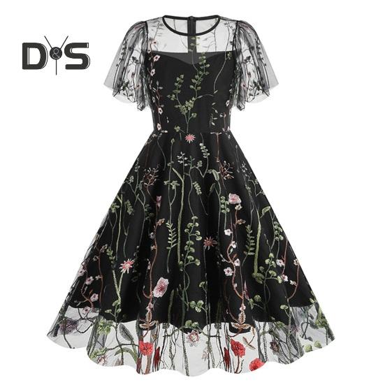 

Женское вечернее платье, двухслойное сетчатое платье с цветочной вышивкой, трапециевидной формы, большие качели с короткими рукавами, круглым вырезом сзади, застежка-молния, платье миди для выпускного вечера XL чёрный