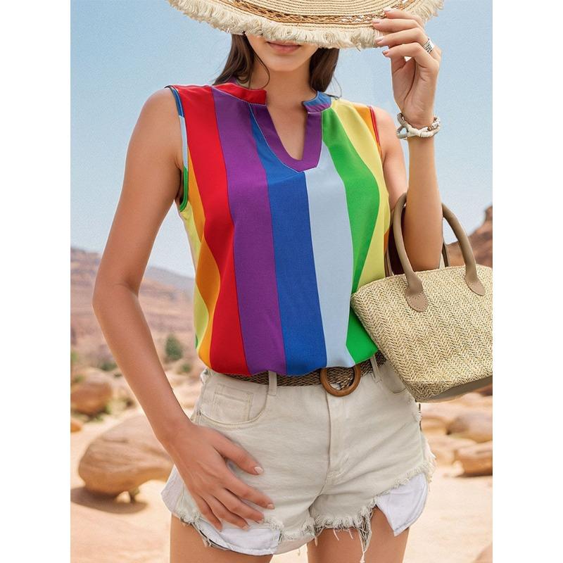 Summer Basic Shirt Top with Colorful Striped V-neck Shirt Blouses & Shirts