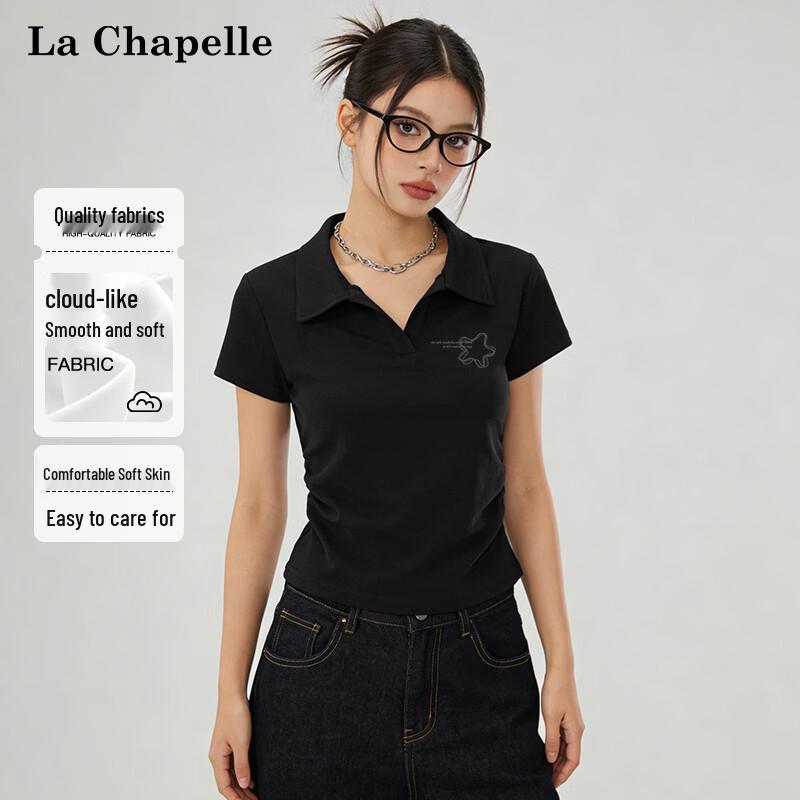 La Chapelle Women's Ruched Lapel Short Sleeve T-Shirt