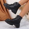 Black Chunky Platform Motorcycle Boots Women Wide Foot Pu Leather Lace Up Ankle Boots Woman Plus Size 42 Thick Sole Short Botas