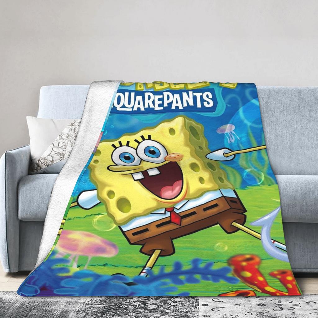 SpongeBob SquarePants Knitted Blanket Cartoon Animated Flannel Throw Blankets Airplane Travel Printed Ultra-Soft Warm Bedspreads