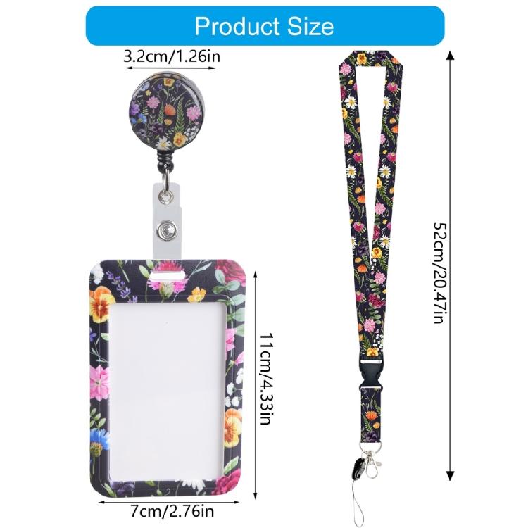 Lanyard Badge Card Holder with Keyring Flowers Neck Strap Oil Painting Name Card Cover Case for Students