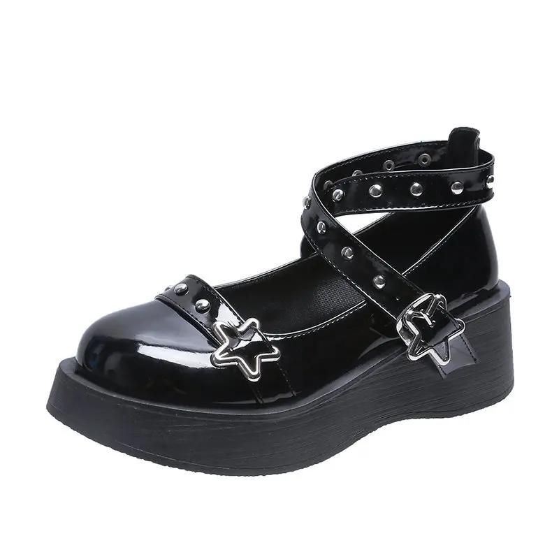 Shoes Lolita Shoes Women Heels Platform Mary Janes Star Buckle Strap Mary Janes Women Cross-tied Girls Rivet Casual Kawaii Shoes