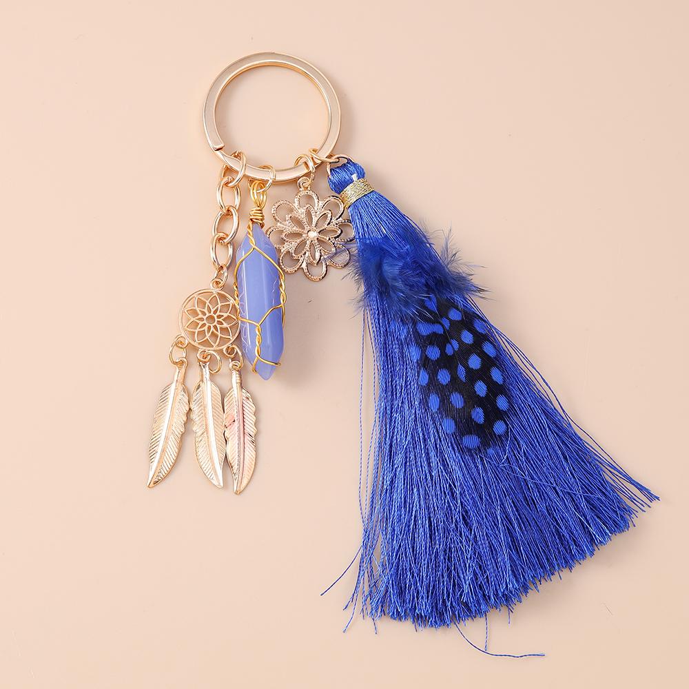 Bohemia Tassels Feather Keychain Women Girl Turquoise Key Ring Pendants for Handbag Decor DIY Handmade Key Chain Jewelry Gifts