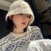 Retro White Crocheted Knitted Fisherman Hat for Women in Autumn and Winter with Big Head Circumference and Face Small Basin Hat Style Bucket Hat