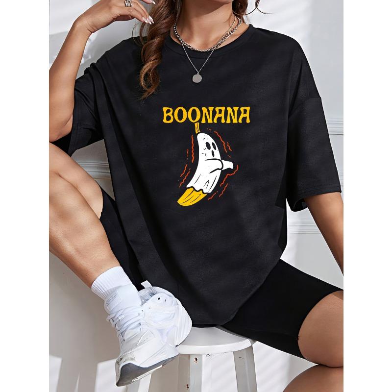 White T Shirt With Banana And Boonana Text Print Casual Summer Top For Women