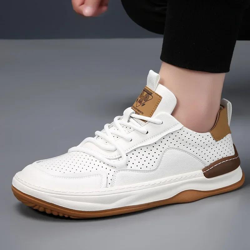 Men Shoes Solid Color Lace-Up Sneaker Pu Leather Hollow Out Breathable Casual Sport Shoe Lightweight No-Slip Zapatos Para Hombre