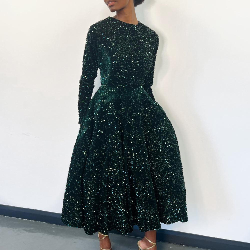 Women's Round Neck Long Sleeve Maxi Dress A Line Fit High Waist Elegant Sequin Evening Dress Solid Color Flared Party Gown