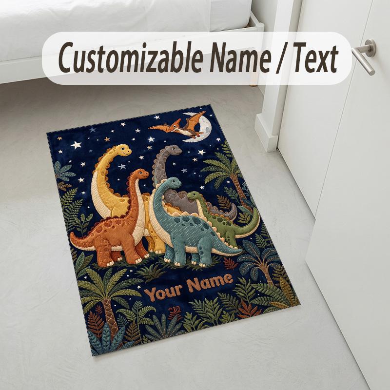 Dinosaur Theme Crystal Velvet Rug Personalized Custom Name Text Soft Floor Mat Home Decor