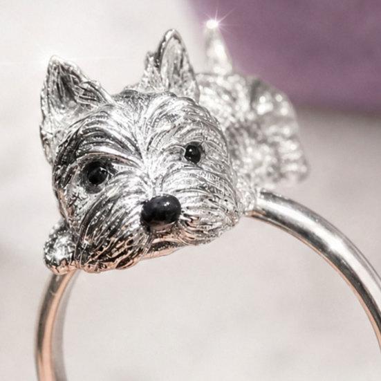 Yousheng Hand-Engraved Puppy Ring with Rhinestone Inlay, Polished Alloy Finish Finger Ring, Puppy Jewelry Gift for Dog Lovers