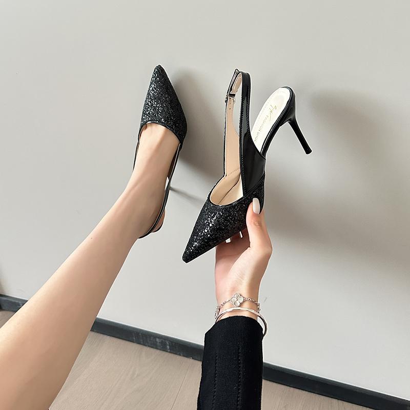 Fashion Sequin Sequin Strap Wrapped Toe Sandals Autumn New Pointed Toe Shallow Mouth Metal Buckle Non-slip Stiletto Heels