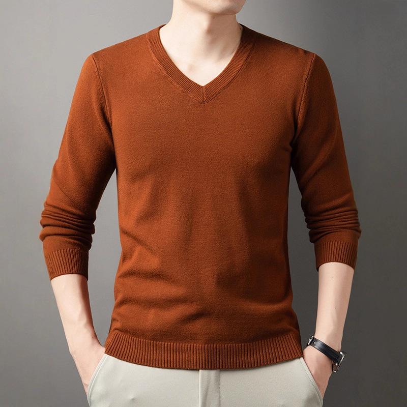 Solid Color V Neck Long Sleeve Pullover Knit Sweater For Men