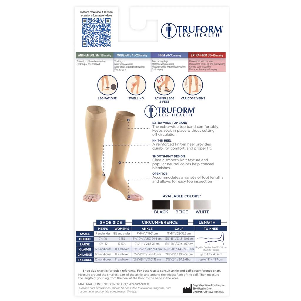 Truform mmHg Compression Open XL 30-40 Stockings, Unisex, Knee-Length, Toe, White,