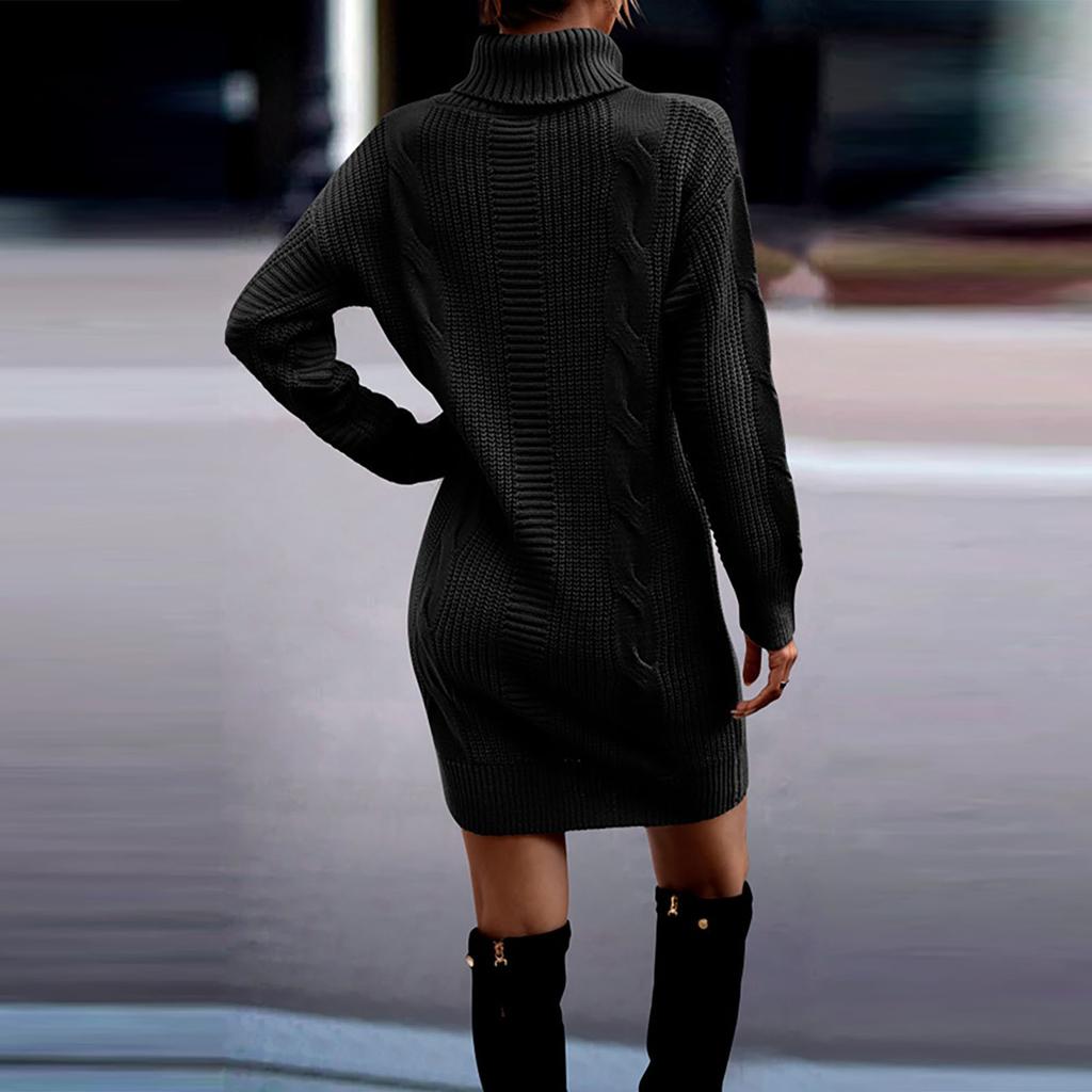 Women's Fashion Autumn/winter Solid Color High Collar Long Sleeve Wrap Hip Sweater Dress