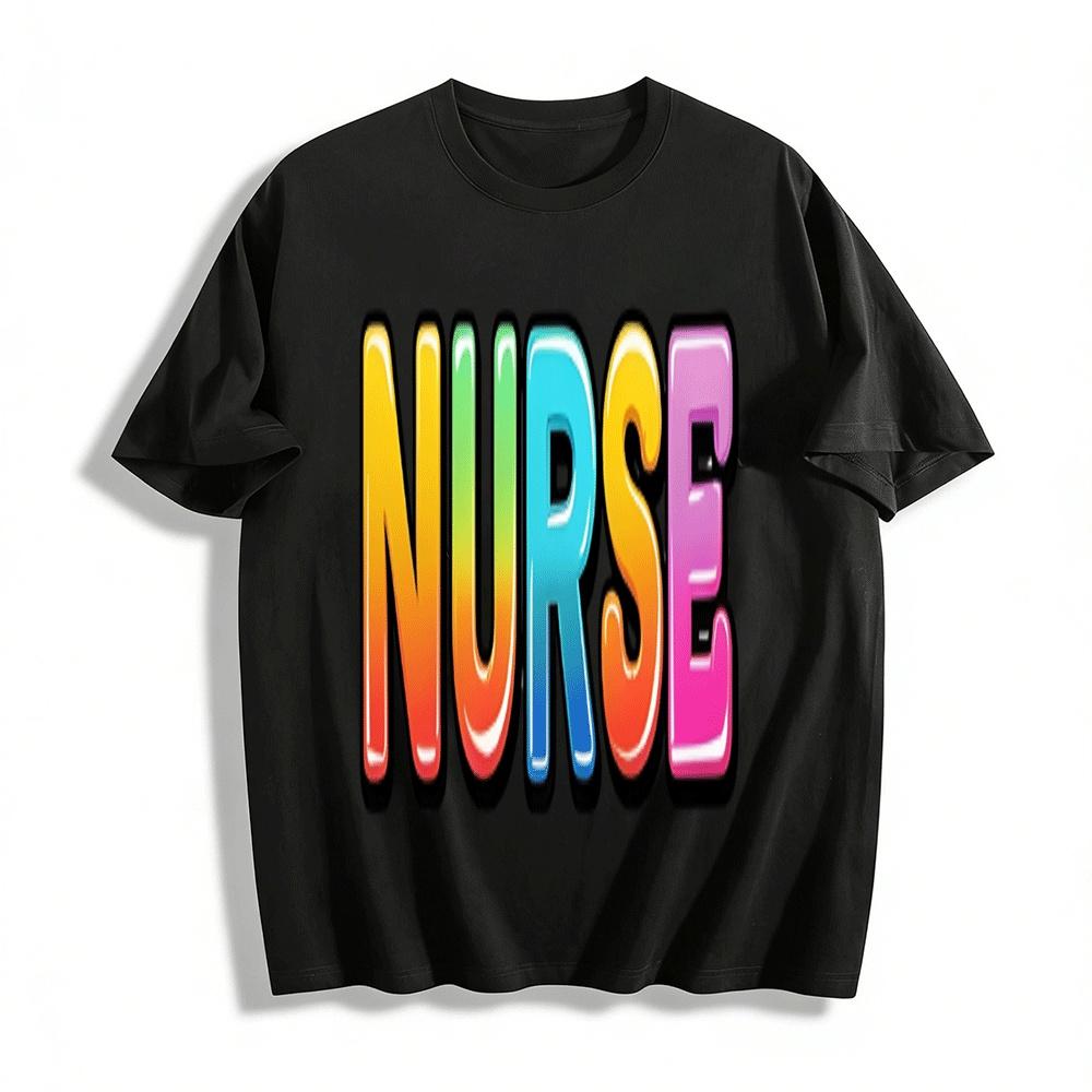Colorful Gradient NURSE Print Casual Unisex Loose Fit T-Shirt Pure cotton T-shirt XXS