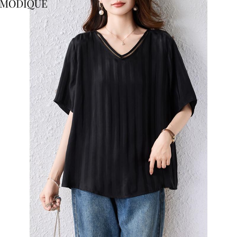 MODIQUE Spring Summer Plus Size New Women Loose Vintage Solid Black  Stripe Blouse Shirts Female Casual Oversize Short Sleeve V-Neck Top