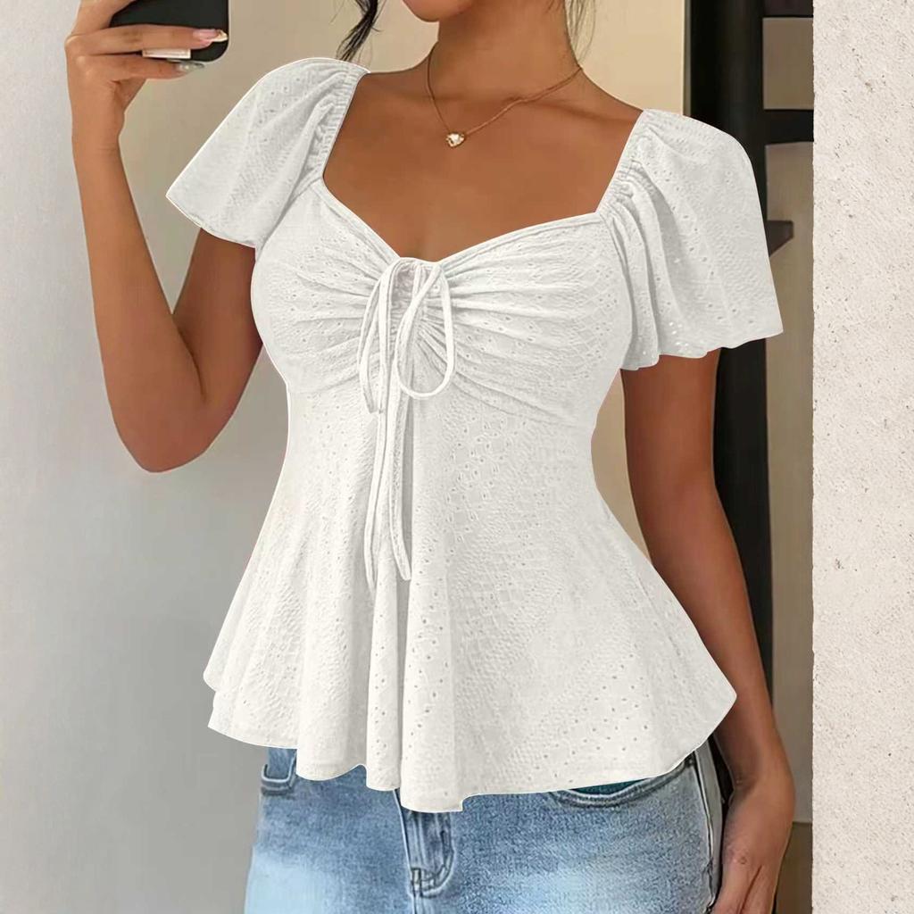 Damska Koszulka Top z Dekoltem V, Sznurkiem do Wiązania, Seksowna, Krótki Rękaw