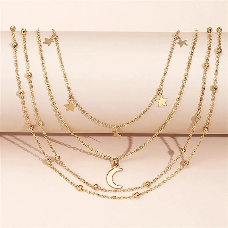 Fashion light luxury metal personalized collarbone chain female simple multi-layer star moon pendant necklace