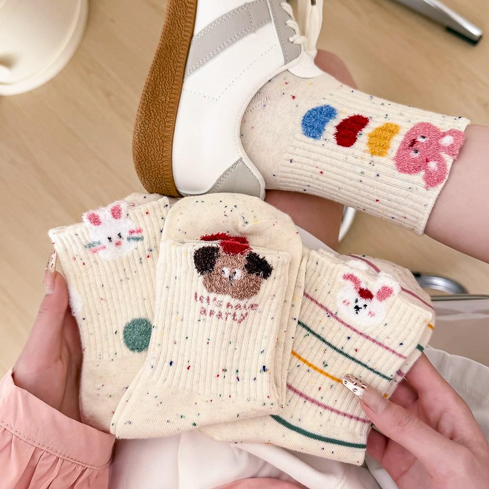 Little Rabbit Cartoon Mid-Calf Socks for Women - Pure Cotton, Cute Slub Yarn Design, Perfect for Autumn and Winter