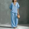 2026 new cross-border foreign trade ladies 2-piece set large size cotton and linen casual suit high waist loose trousers