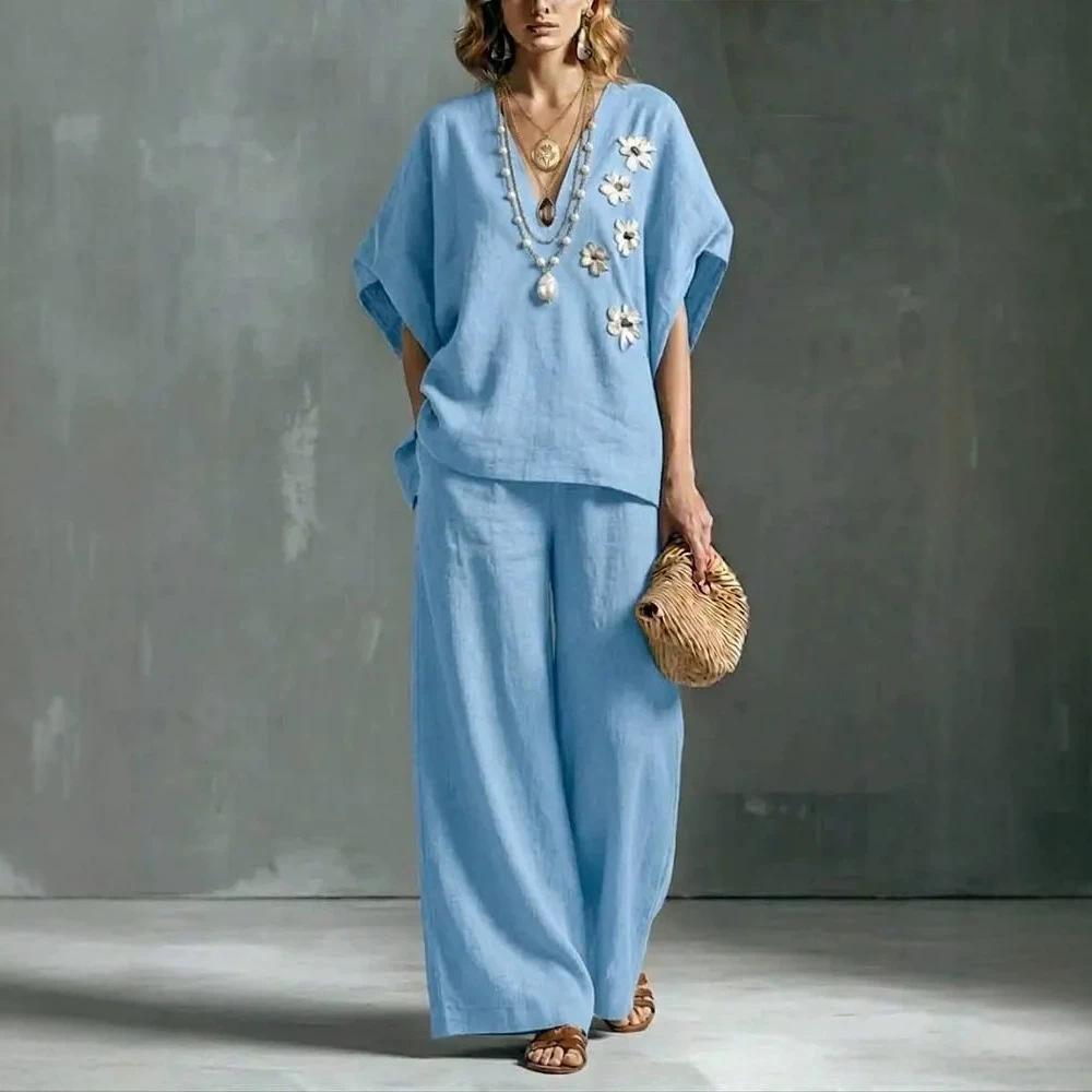 2026 new cross-border foreign trade ladies 2-piece set large size cotton and linen casual suit high waist loose trousers