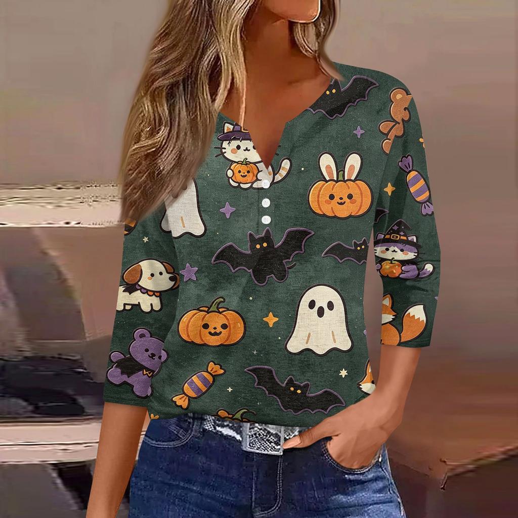 Lady's fashionable casual V-neck buttoned Halloween print three-quarter sleeve