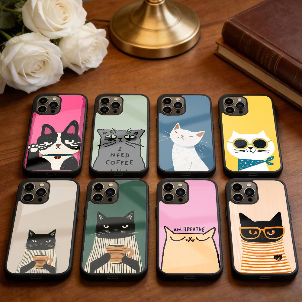 Striped Shirt Coffee Cat Phone Case For iPhone 14,16,15,13,17,12,Plus,Pro,Max Magnetic For Magsafe Frosted Cover