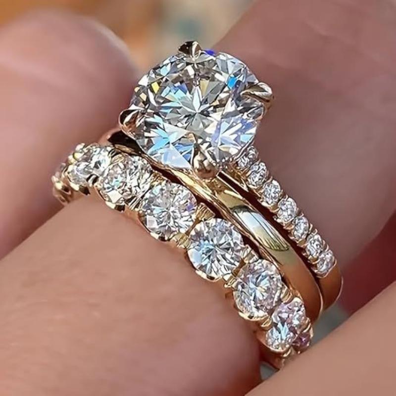 3Pcs Set Luxury Temperament Five-Claw Inlaid Crystal Zircon Ring For Women Wedding Fashion Charm Jewelry Sets Accessories