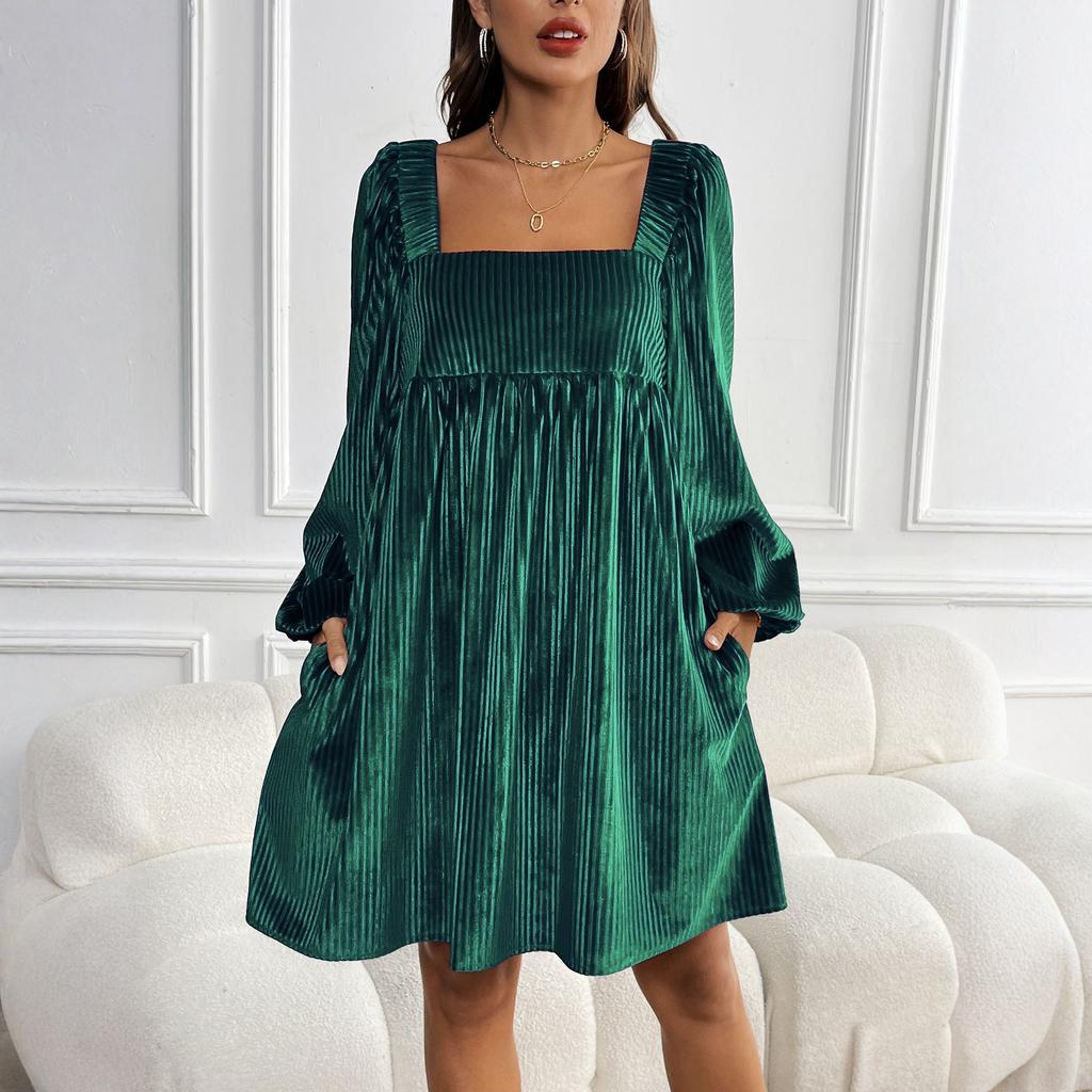 Womens Loose Fit Square Neck Long Sleeve Velvet Babydoll Dresses Dress