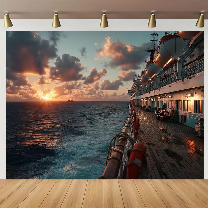 

2D Cruise Ship Sunset Backdrop, Ocean View Photography Background Cloth 47.2x31.5inch/120*80cm