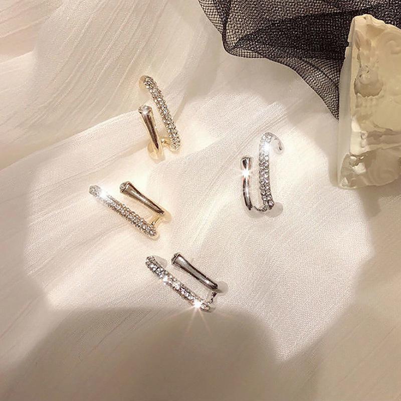 

925 Silver Korean U-Shaped Rhinestone Earrings - Creative, Irregular Retro Studs