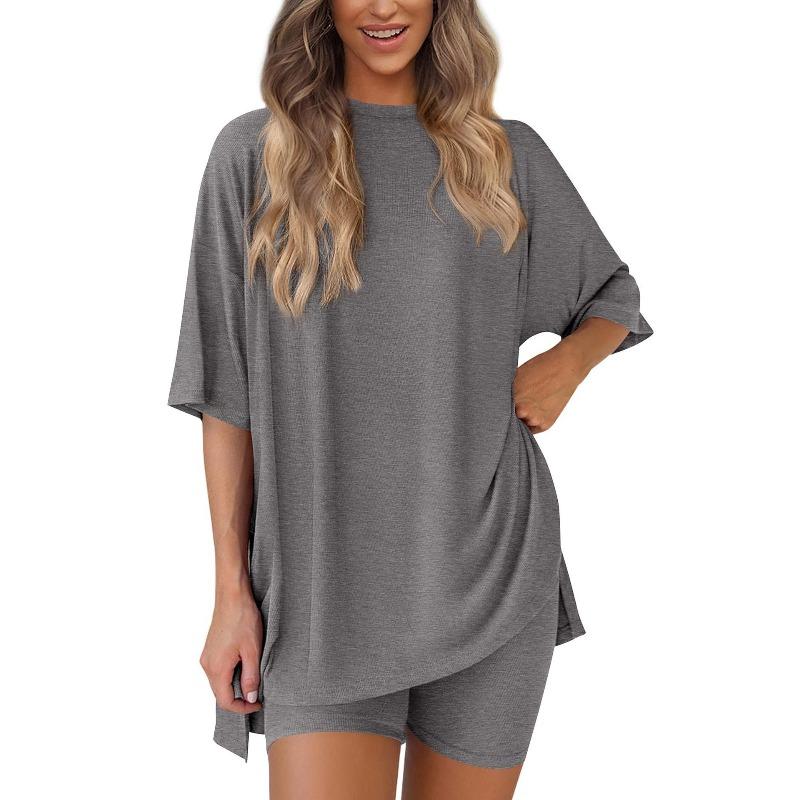 Women's Crew Neck Half Sleeve Oversized T Shirt Biker Shorts Loungewear Two Piece Pajama Set Casual Solid Outfit