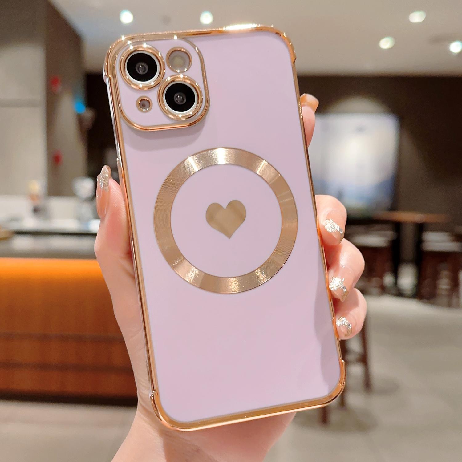 For iPhone 13 Magnetic Case Love Heart Pattern TPU Anti-Scratch Phone Cover Electroplating Edge F
