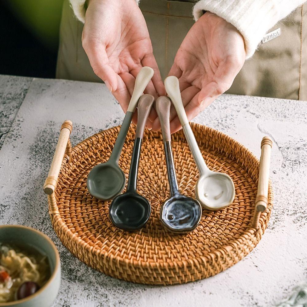New Vintage Ceramic Spoon Handmade Long-Handle Coffee Scoop Coffee Whisk Afternoon Tea