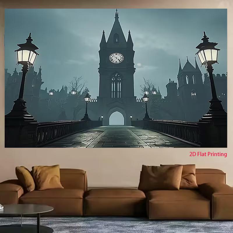 2D Victorian Dark City Backdrop 2D Clock Tower Street Lamp Photo Background for Photo Booth Props