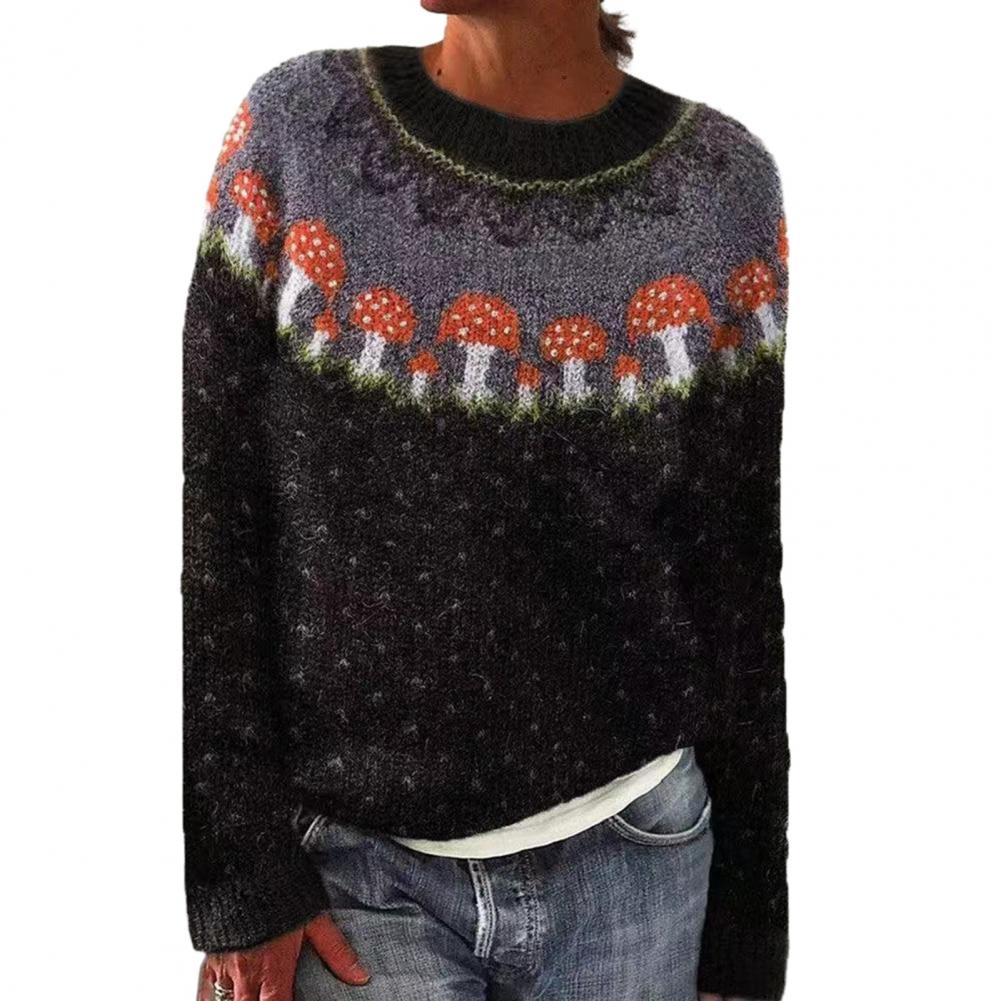 Knitted Sweater Geometric Pattern Patchwork Women's Sweater O-neck Long Sleeve Loose Fit Crochet Top in Color Knitting Style