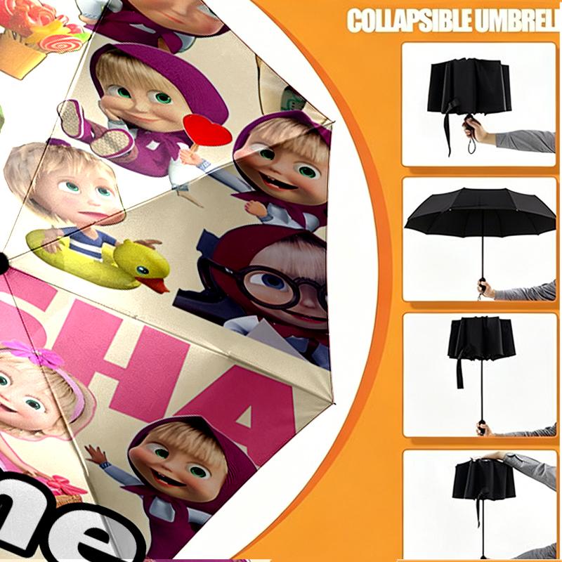 Custom Name Personalized Masha and The Bear Print Umbrella, Auto Open Close, 8‑Rib Sturdy Frame, Commute Camping Hiking Use, Birthday Gift