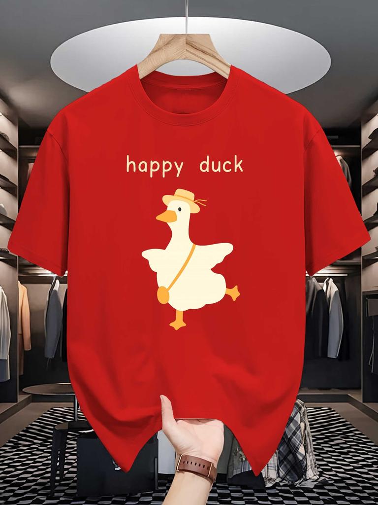Unisex Cotton Tee Happy Duck Cartoon Print Loose Breathable Summer Crew Neck Casual Street T Shirt Male Daily Simple Leisure Outfit