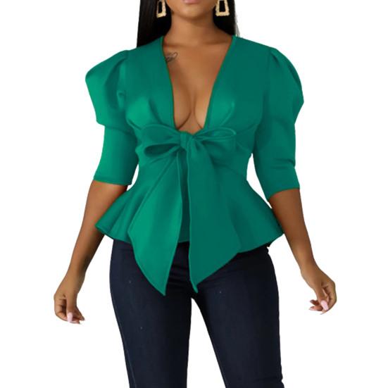 Deep V-neck Puff Half Sleeve Solid Color Women Coat Ruffle Hem Bowknot Bandage Peplum Blazer Workwear