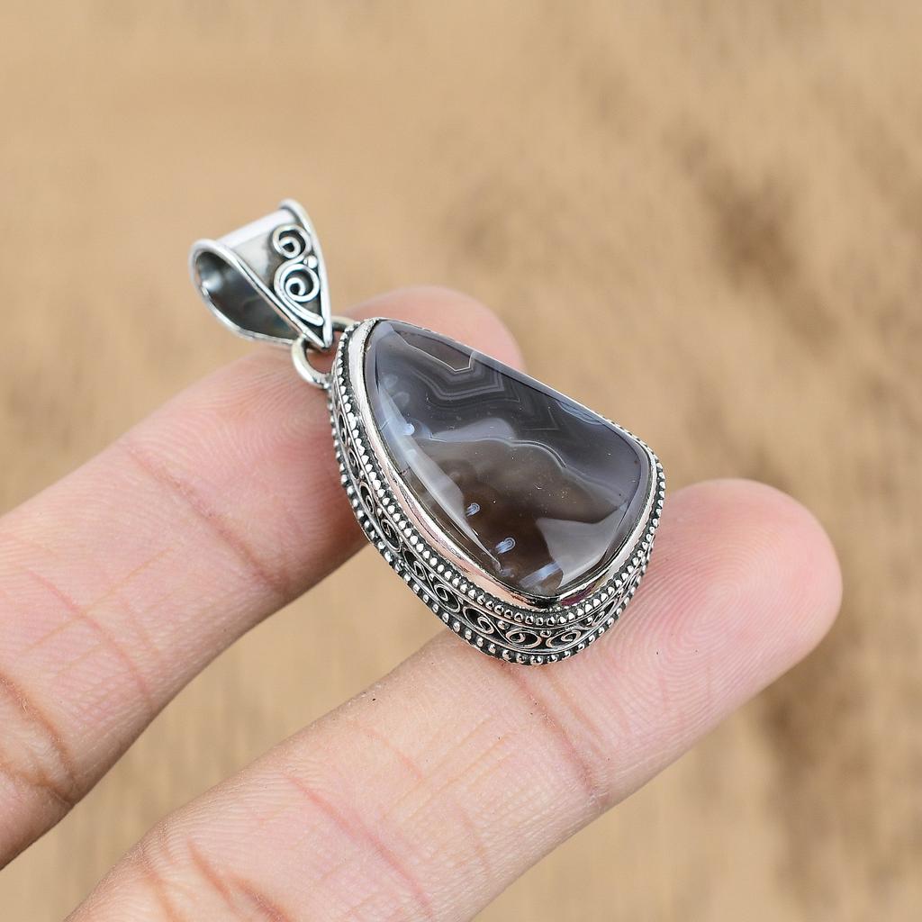 Birthday Gift For Her Natural Botswana Agate Gemstone Pendant Vintage 925 Silver