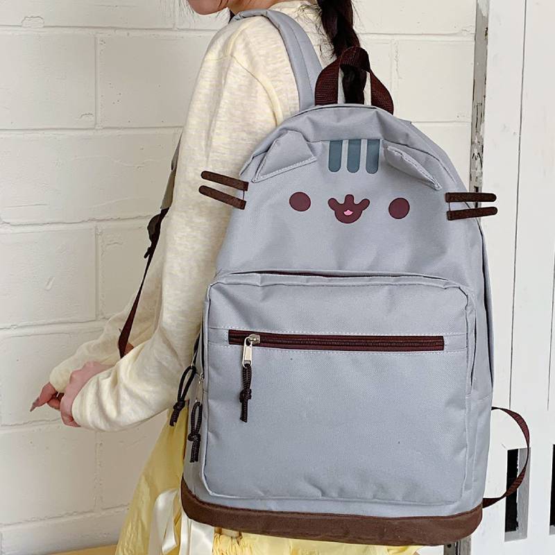 Cat Cartoon Nylon Backpack With Zipper Closure For School And Commuting